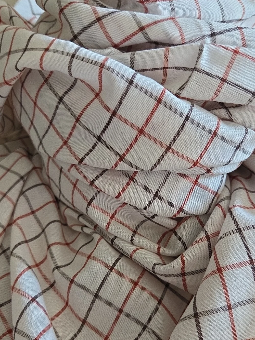Checker Stripes Vintage Brick Red - Black - Grey - White Sheer Cotton Fabric 3yd